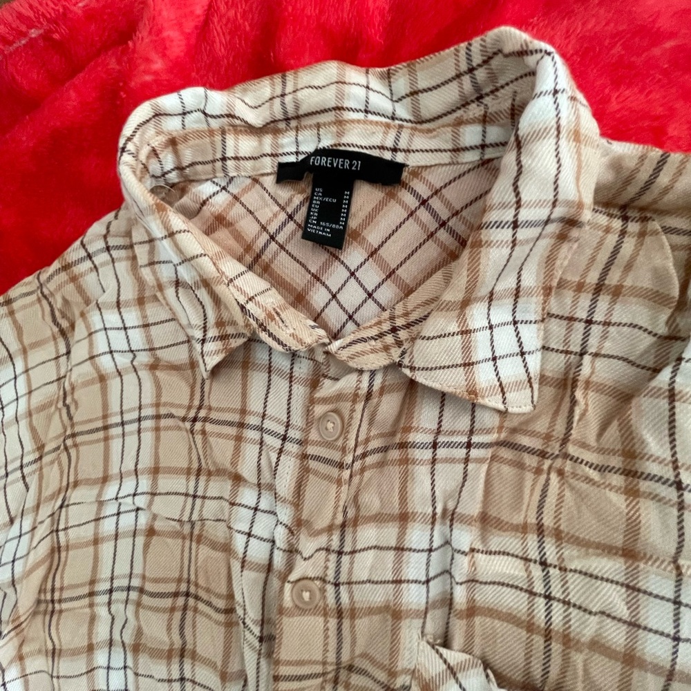 Forever 21 Women's Plaid Button Down Shirt - Cream and Brown